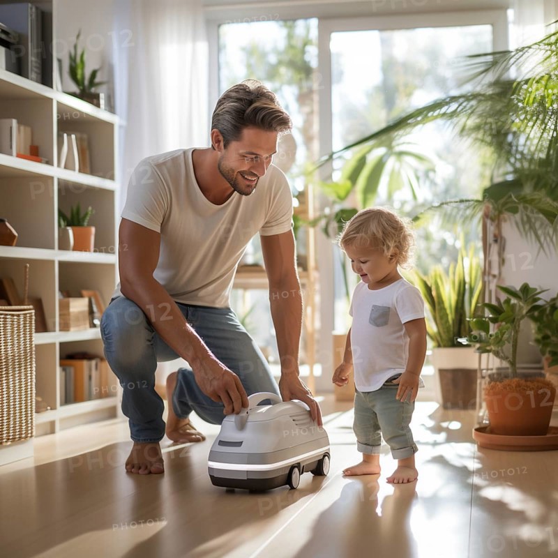 Family man vacuuming in the household