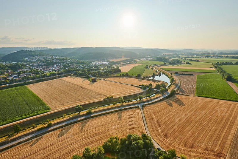 Aerial view over the fields and forests near Woerth an der Donau
