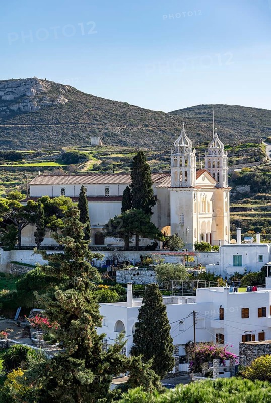 View over the village of Lefkes with the church of Agia Triada