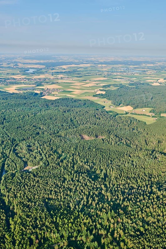 Aerial view over the fields and forests near Woerth an der Donau