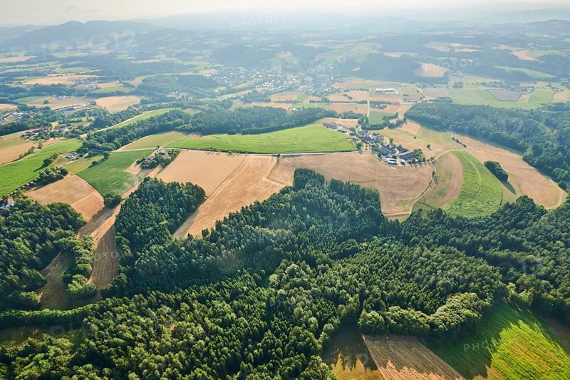 Aerial view over the fields and forests near Woerth an der Donau