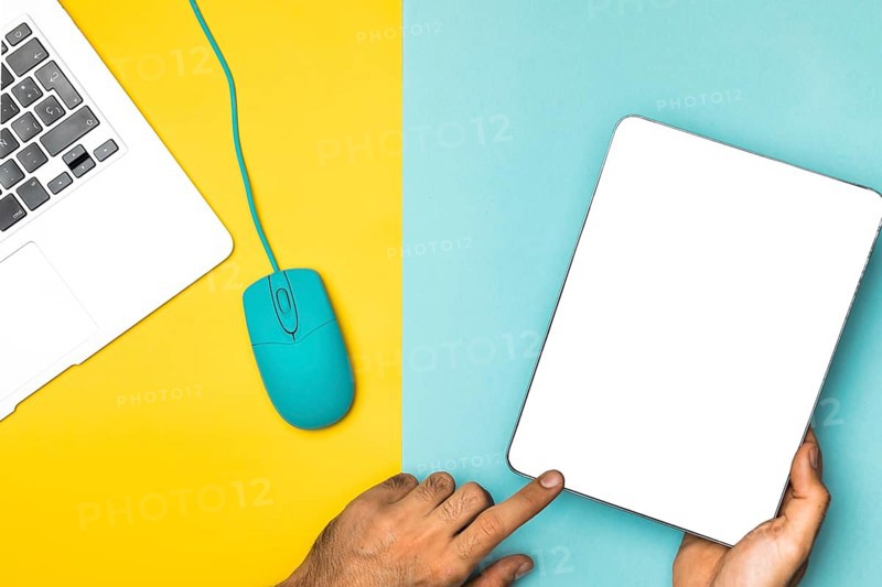 Top view mockup tablet with colourful background