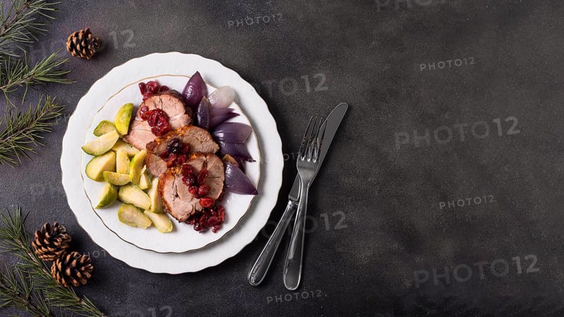 Top view christmas steak plate with copy space