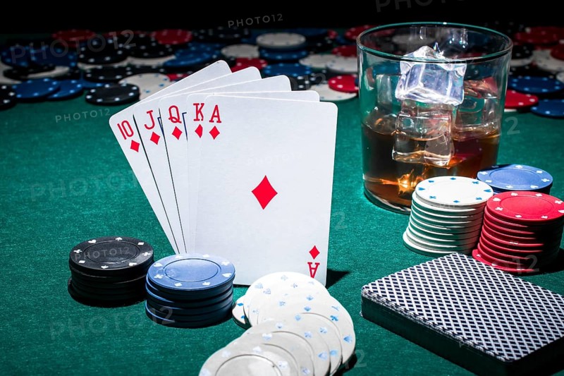 Card casino chips glass whiskey poker table