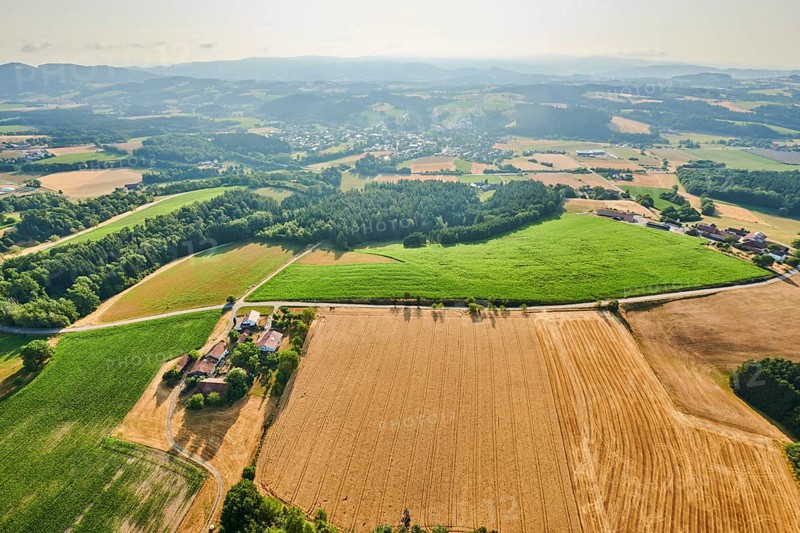 Aerial view over the fields and forests near Woerth an der Donau