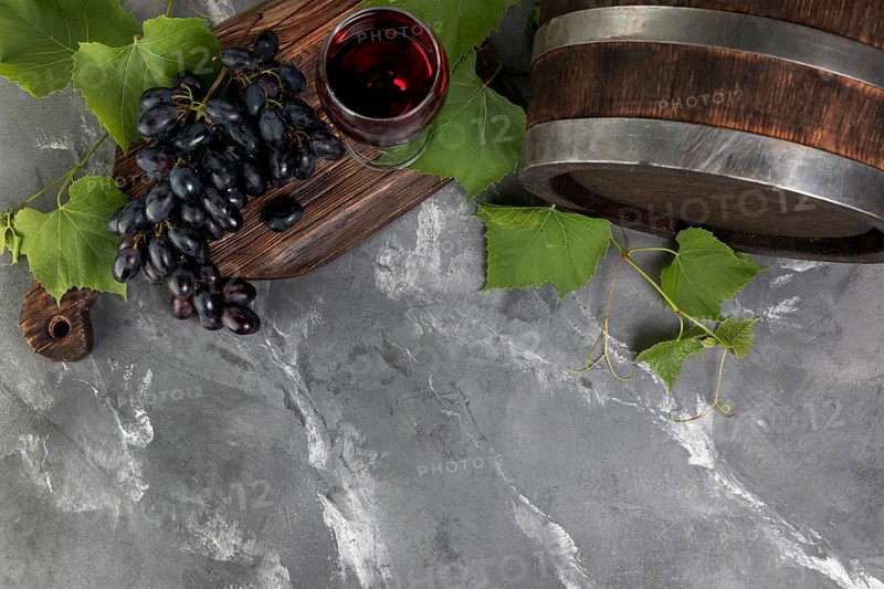 Top view wine barrel marble background