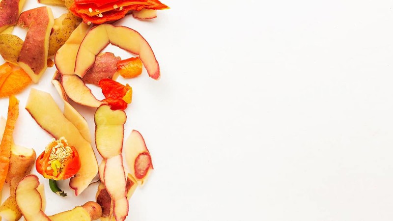 Leftover food waste peeled fruit copy space