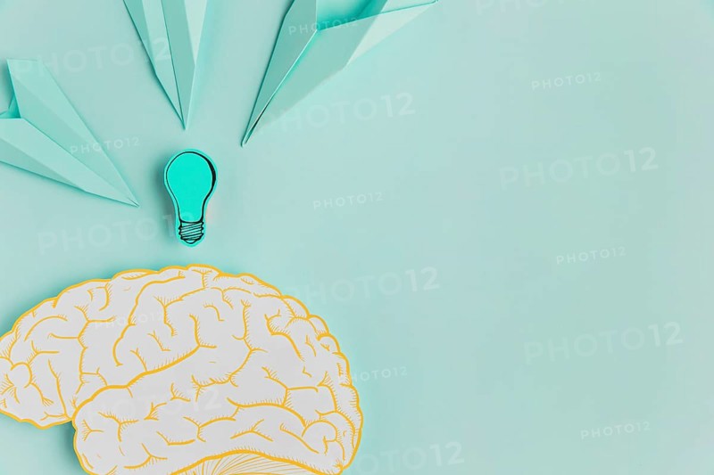 Paper airplanes pointing brain with copy space