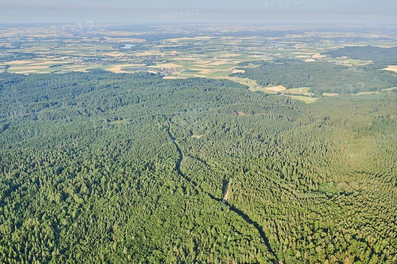 Aerial view over the fields and forests near Woerth an der Donau