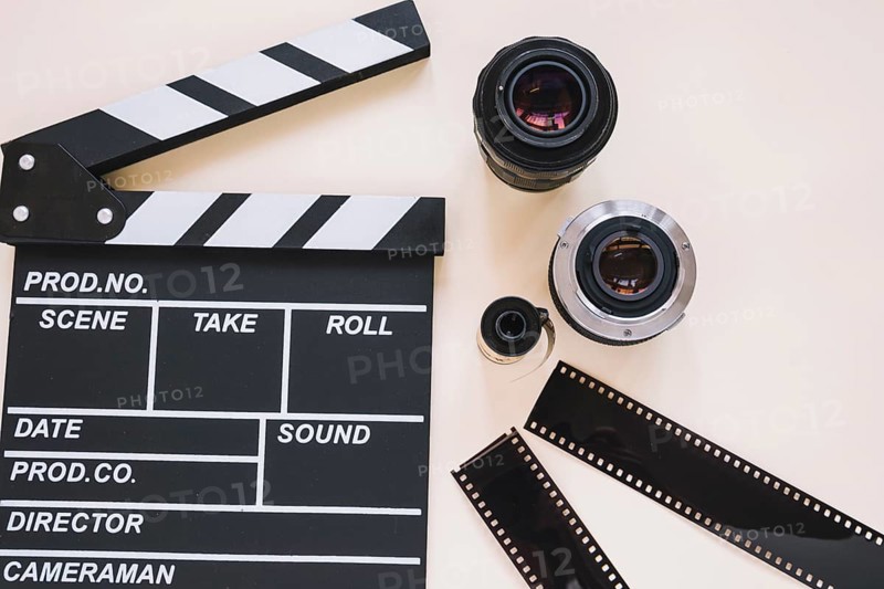 Clapperboard camera lenses film reels