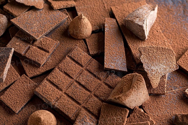High angle chocolate with candy cocoa powder