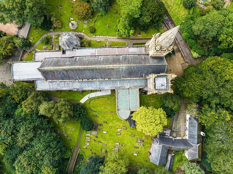 Top down over Llandaff Cathedral from a drone