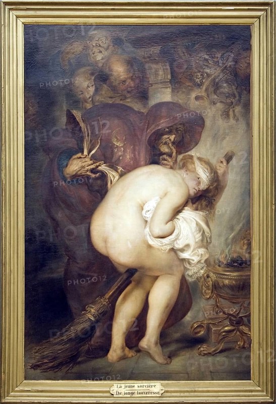 The young witch is trained in witchcraft by the old witch and practices flying on a broom