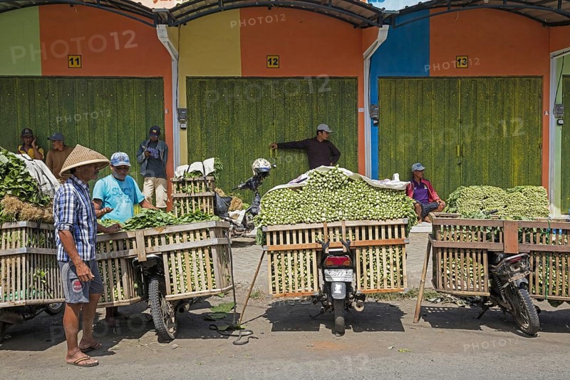 Javanese vendors with motorbikes heavily laden with vegetables selling greens at food market in the village Tumpang