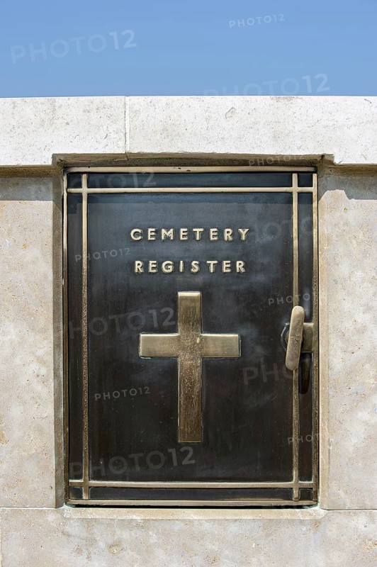 Locker with visitors' book and register at British Cemetery of the Commonwealth War Graves Commission burial ground for First World War One British soldiers