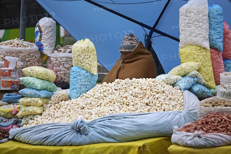 Bags with popcorn on sale at market in Copacabana