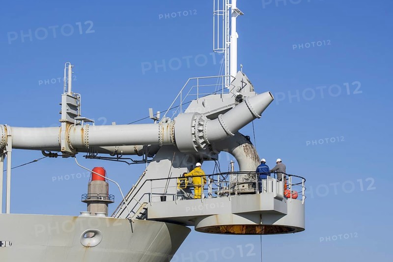 Workers on bow connection platform of trailing suction hopper dredger Alexander von Humboldt from Dredging and Marine Works Jan De Nul