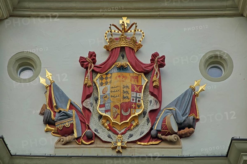 Historical coat of arms with crown and ornaments at the Teutonic Order castle