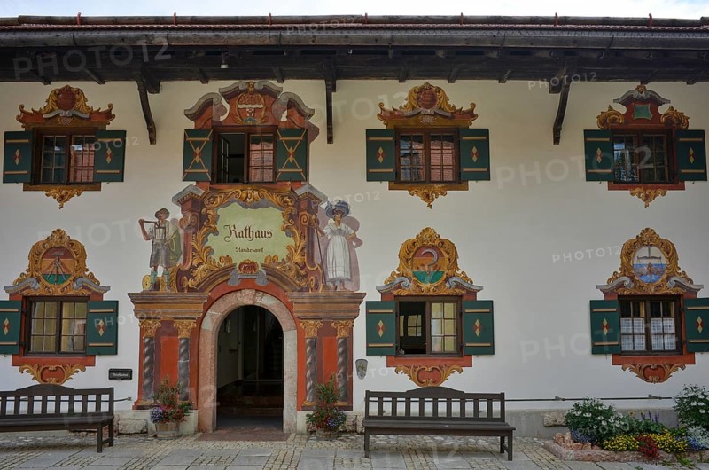 Entrance and facade with Lueftl painting at the town hall and registry office in Ruhpolding