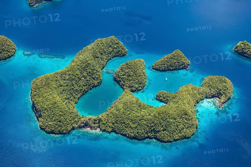 Bird's eye view of Ogyurottoru Island part of Urukthapel Islands of UNESCO Heritage Natural Rock Islands Islands in southern lagoon of Palau in the Pacific Ocean Western Pacific