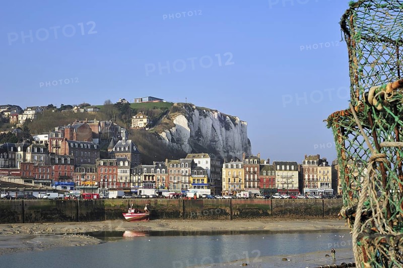 Lobster traps and view over the town Le Treport