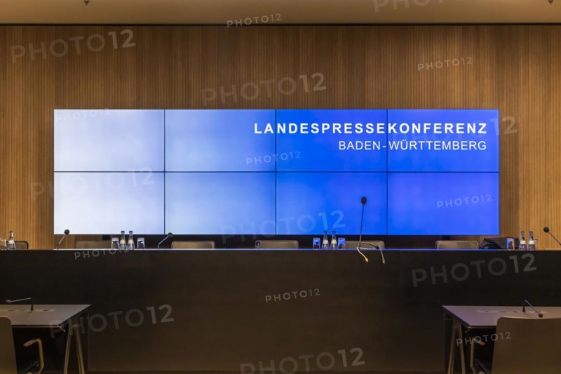 Press conference of the state government of Baden-Wuerttemberg. Empty seats