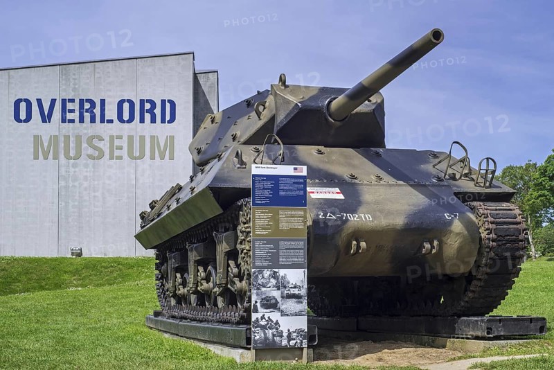 American M10 tank destroyer at the Overlord Museum near Omaha Beach about WW2 Allied landing during D-Day