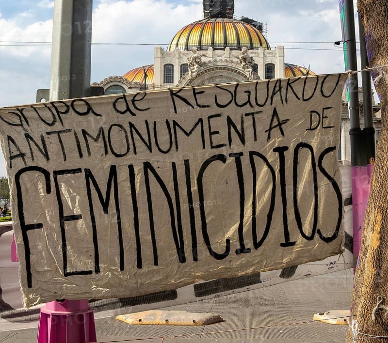Protest banner against abuse and domestic violence against women femicide in city centre Mexico City