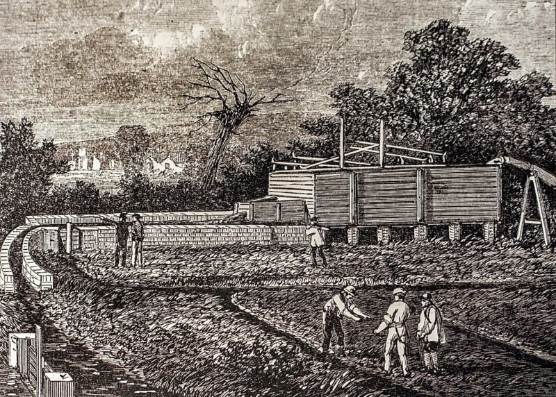 19th century engraving showing tank at the sewage farm near Barking