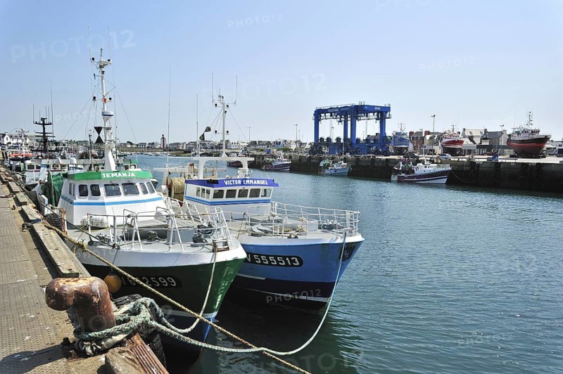 Trawler fishing boats on shipbuilding yard for maintenance works in the Guilvinec port
