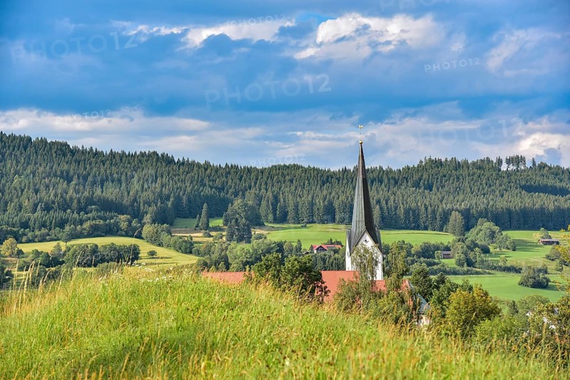 Church tower of the Catholic parish church Stankt Pelagius in the municipality of Weitnau in Oberallgaeu