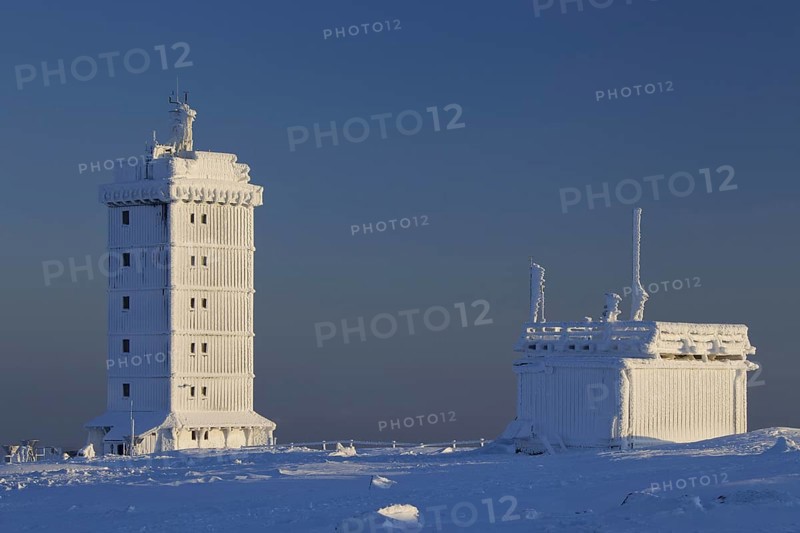 The Brocken weather station on the Brocken in the snow in winter