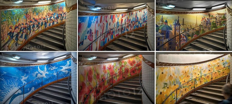 Multi-storey staircases in the Metro station Abbesses creatively designed with paintings
