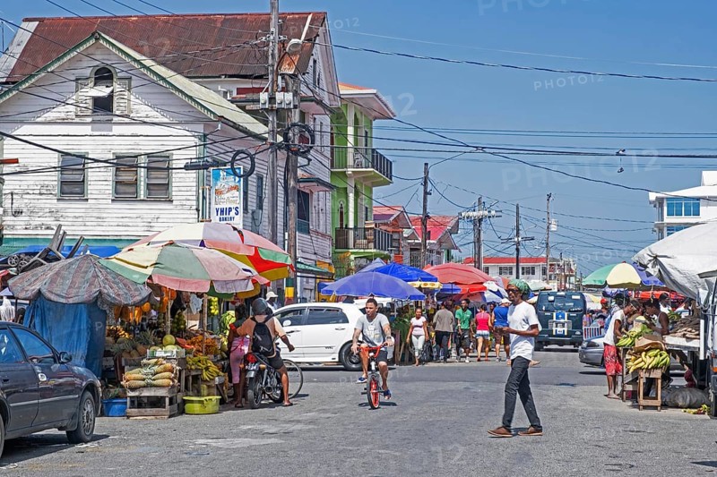 Food market stalls in street of the old city centre of Georgetown