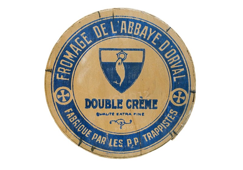 Orval Abbey cheese in vintage round wooden box at the Abbaye Notre-Dame d'Orval