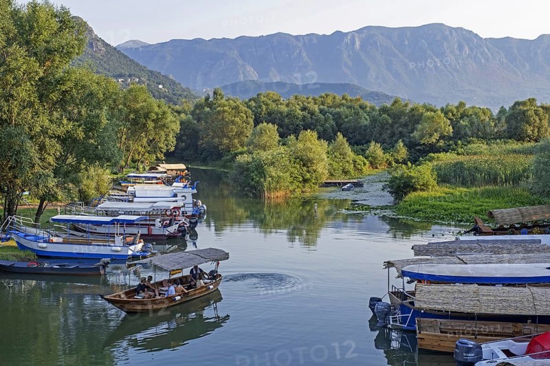 Tourist boats at Virpazar on the Crmnica river which flows into Skadar Lake