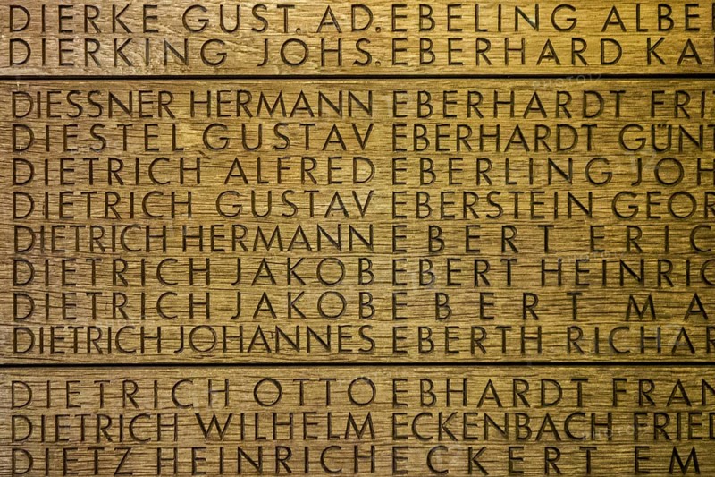Names of fallen German soldiers at the First World War One military cemetery Deutscher Soldatenfriedhof Langemark
