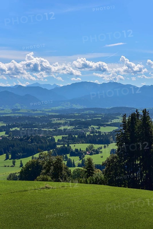 View from the Auerberg near Bernbeuern to the Allgaeu mountains near Fuessen