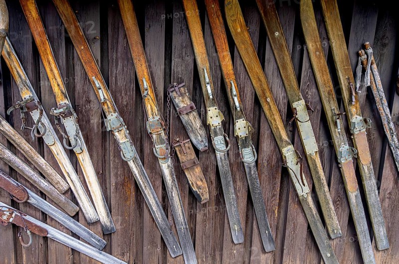Old wooden skis with spring binding
