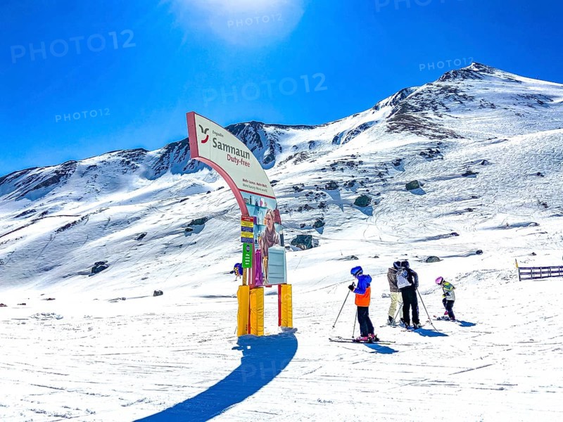 Duty fee advertising on Alp Trida on the ski slope between Ischgl and Samnaun