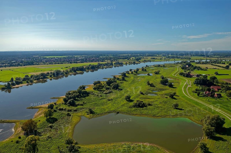 Aerial view of the Elbe floodplain near Neu-Bleckede in the Elbe River Landscape UNESCO Biosphere Reserve. Boizenburg