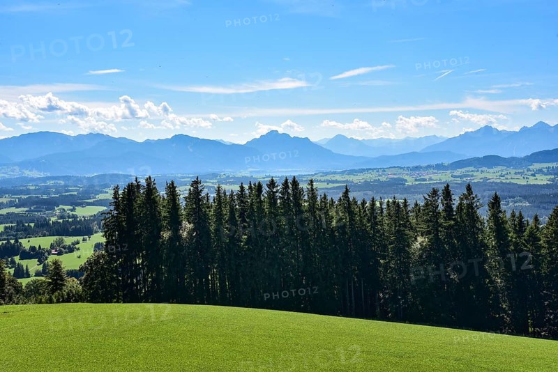 View from the Auerberg near Bernbeuern to the Allgaeu mountains near Fuessen