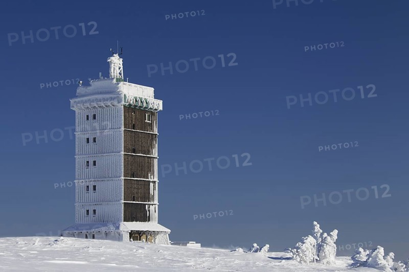 The Brocken weather station on the Brocken in the snow in winter
