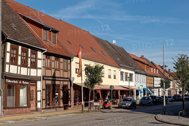 Half-timbered houses and shops in Muehlenstrasse Am Markt in Seehausen