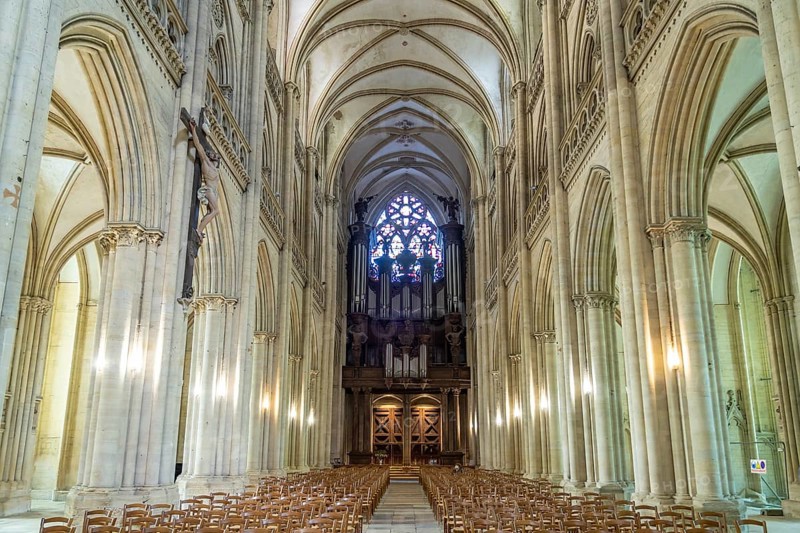 Interior and church organ of Notre-Dame de Coutances Cathedral
