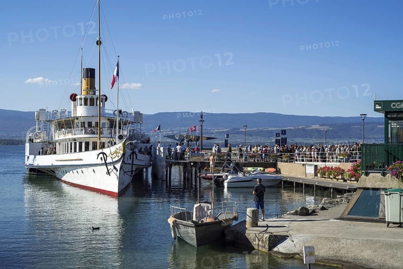 Swiss historic Belle Epoque paddle steamboat Savoie in the old port at Yvoire along Lake Geneva