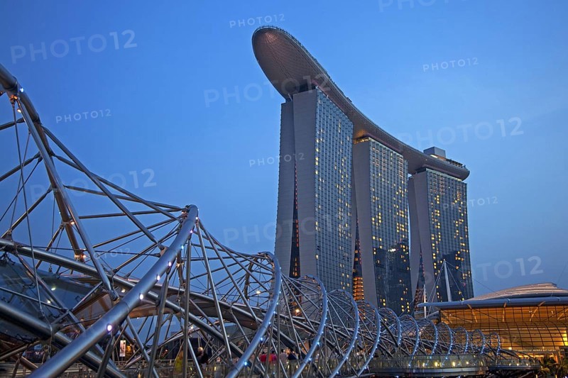 Marina Bay Sands Skypark and Hotel and the Helix bridge in Singapore