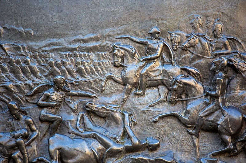 An engraving on the Wellington Monument shows The Duke of Wellington during the Battle of Waterloo in 1815. Picadilly