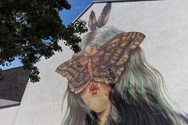 Portrait of a woman with pointed lips and butterfly in front of her face