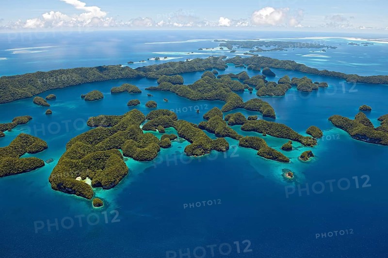 Bird's eye view of UNESCO Natural Heritage Rock Islands in southern lagoon of Palau